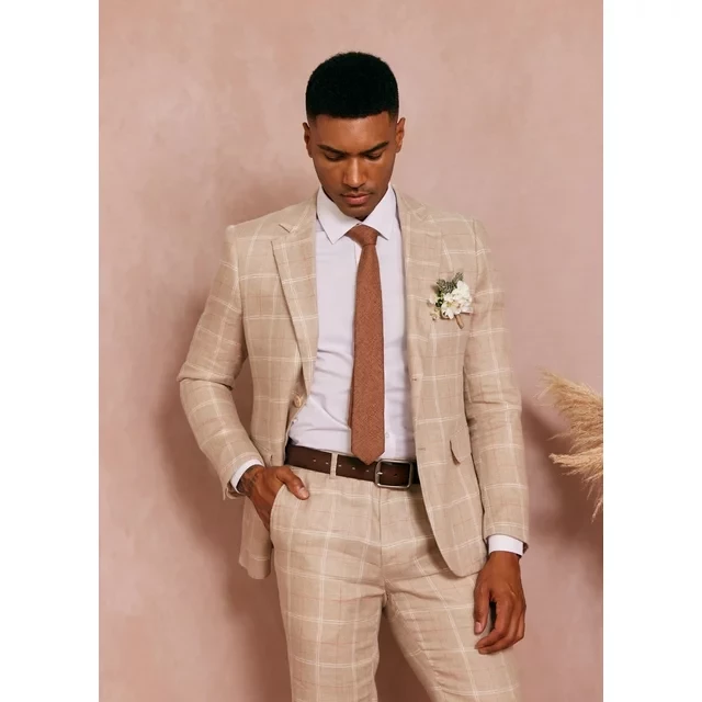 1PA1 Men's 2 Piece 100% Linen Plaid Suit Jacket & Pant Set Business Wedding Party Suit,Khaki,M